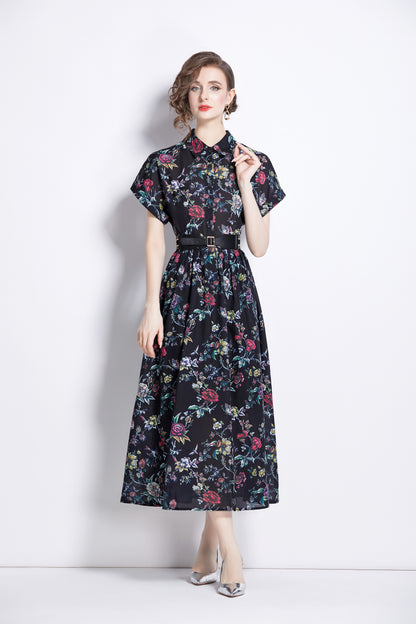 Women's Short Sleeves Collar Printed Midi Dress
