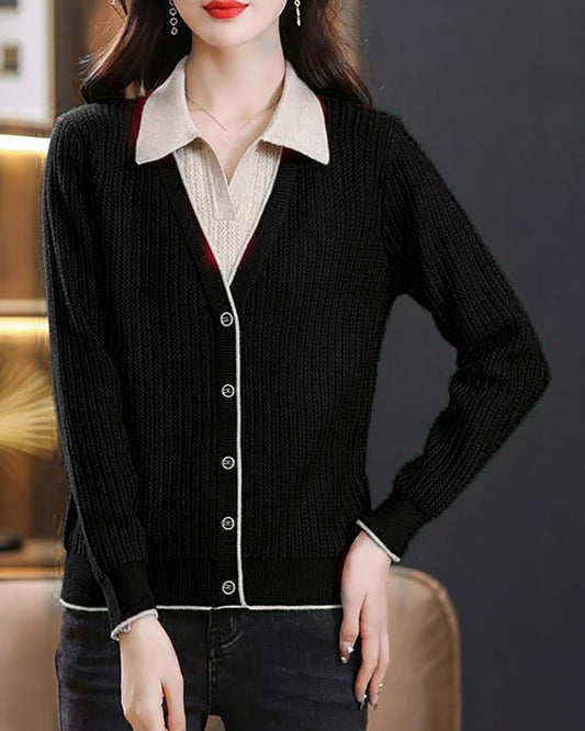 Vintage Ribbed Knit Tops — Contrast Collar & Long Sleeve