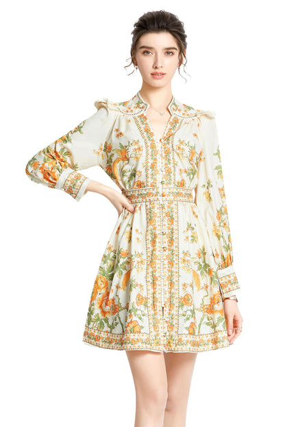 Women's Floral Print Button up Lantern Sleeve Casual A-line Mini Dress