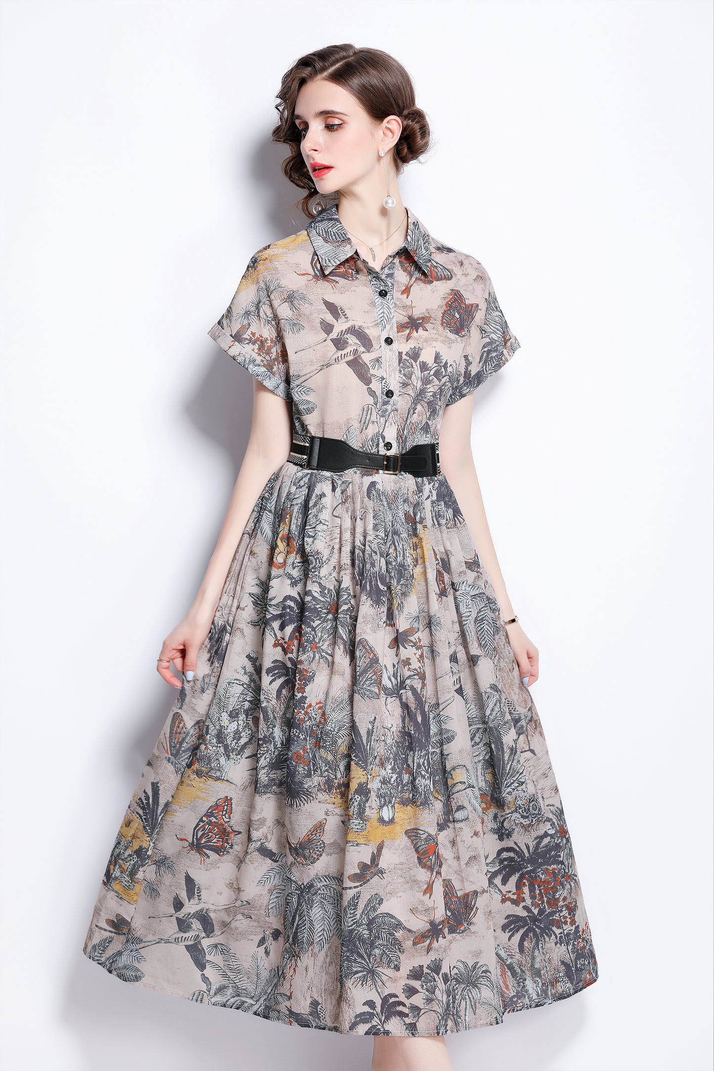 Women's Short Sleeves Print Pocket Button Midi Dress