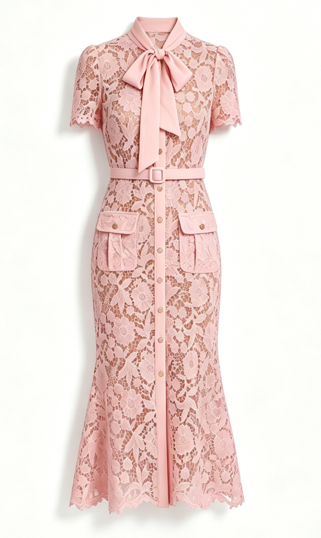 Blush Pink Lace Midi Dress With Pockets