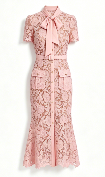 Blush Pink Lace Midi Dress With Pockets