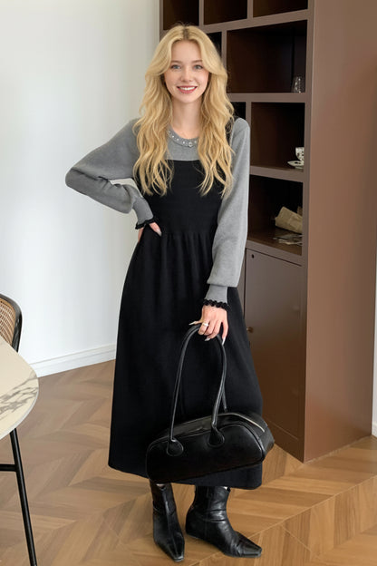 Women's 2 in 1 Sweater Knit Long Sleeve Midi Dress