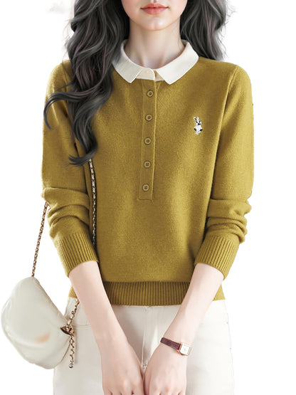 Polo Layered Knit Top with Bunny Embroidery & Contrast Collar