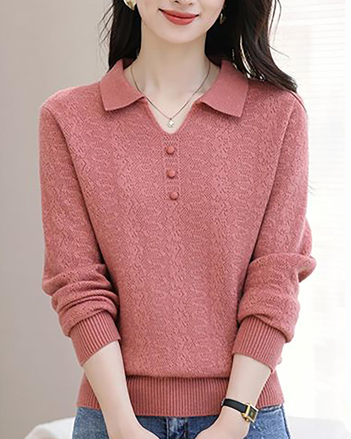 Women's Pink Polo Knit Top — V-Neck & Long Sleeve Ribbet Knitted