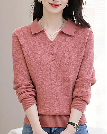 Women's Pink Polo Knit Top — V-Neck & Long Sleeve Ribbet Knitted