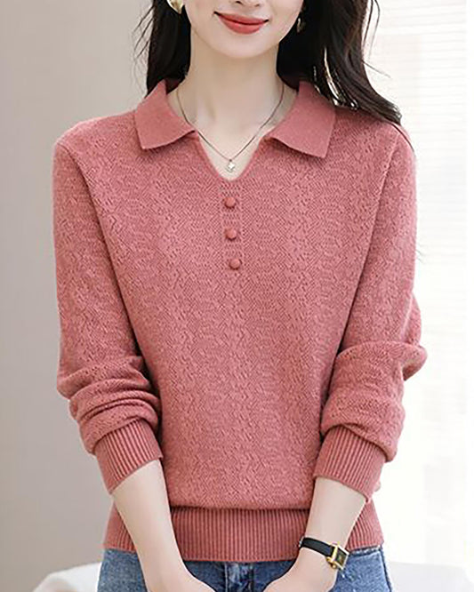 Women's Pink Polo Knit Top — V-Neck & Long Sleeve Ribbet Knitted