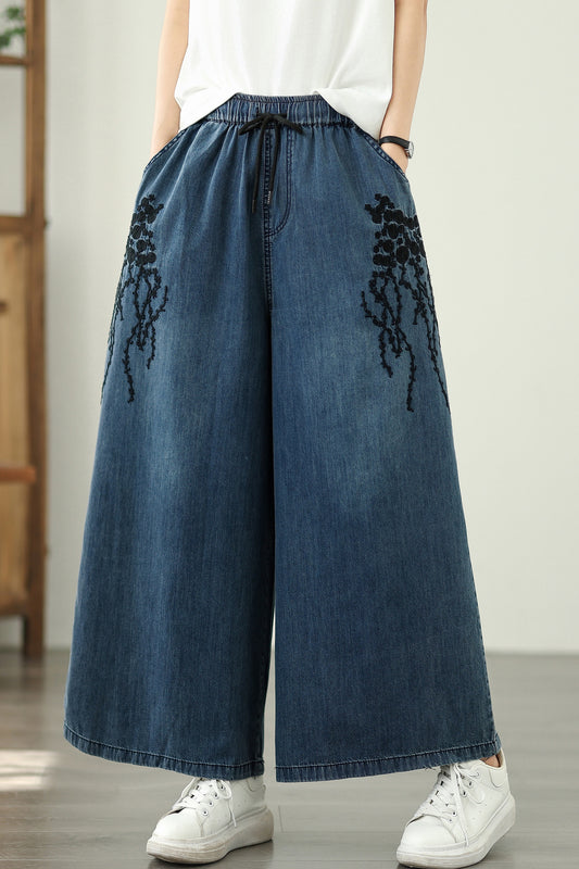 Women's Embroidery Wide Leg Denim Pants
