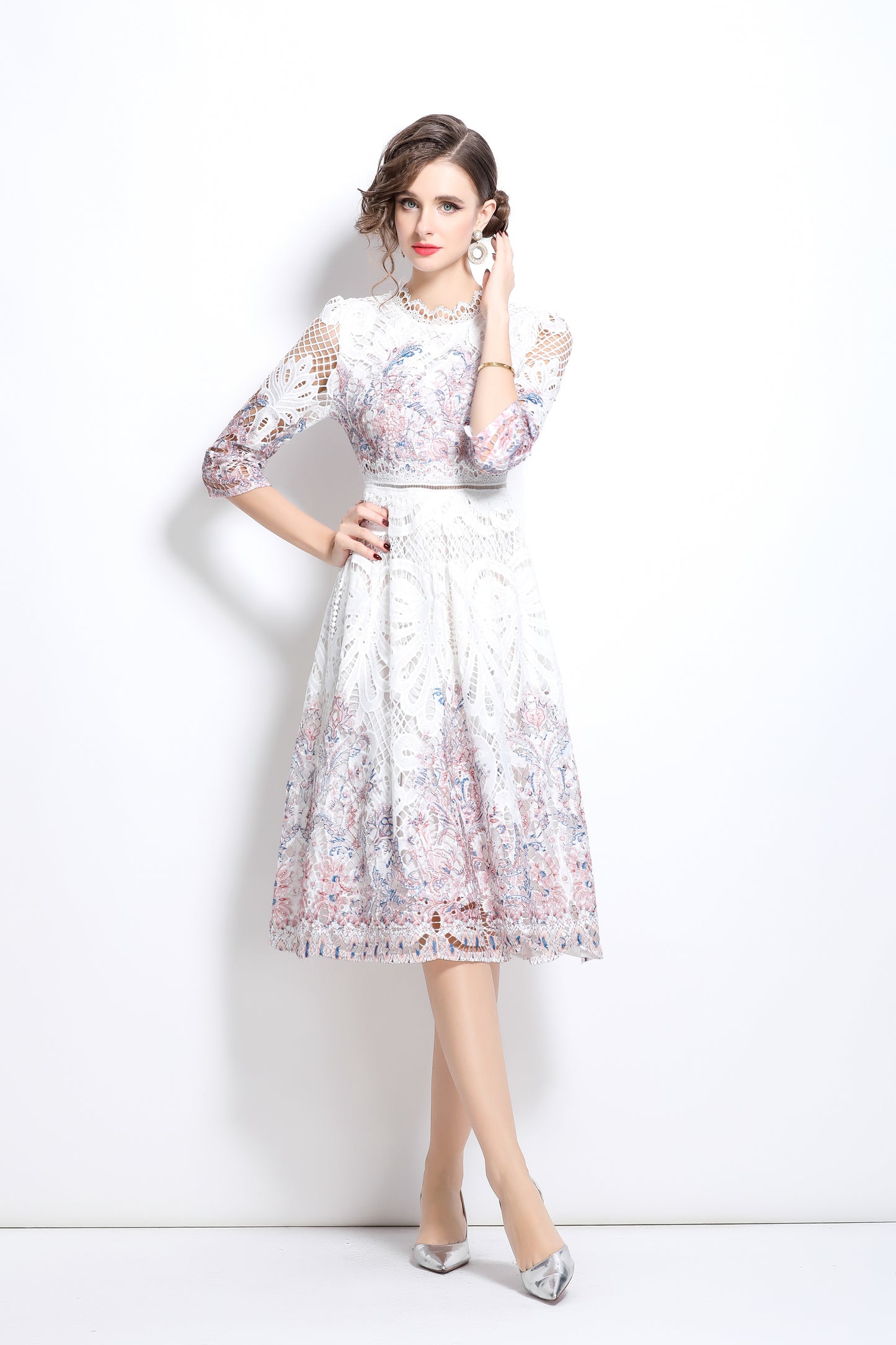 Women's Floral Lace Cocktail Party Swing Midi Dress