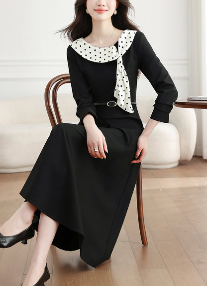 28696 Polka Dot Collar Black Maxi Dress – Elegant Holiday & Dinner Style