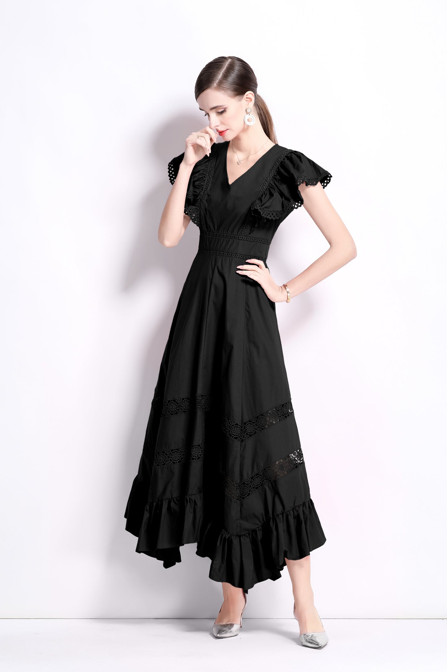 Women's V Neck Lace Ruffles Irregular Hem Maxi Dress