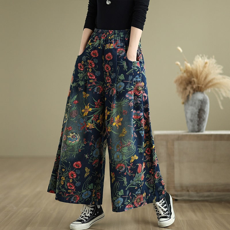 Floral Wide-Leg Denim Pants with Elastic Waist Jeans - LAI MENG FIVE CATS