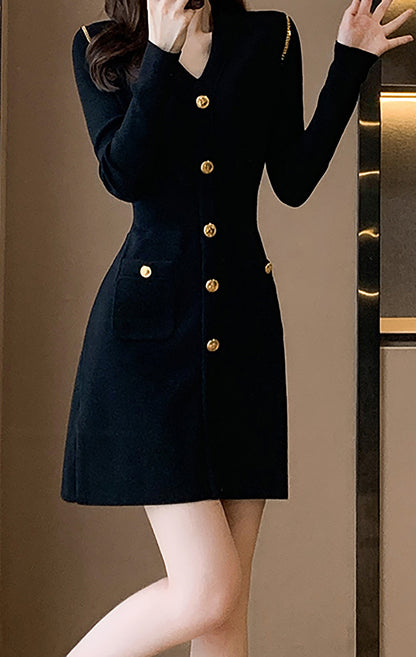 28702 Black Gold Button Knit Mini Dress with Chain Detail