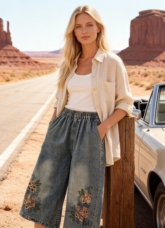 Embroidered Wide-Leg Cropped Denim Pants