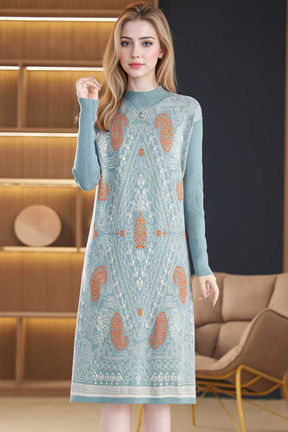 Women's Fall Long Sleeve Knitted Sweater Midi Dress