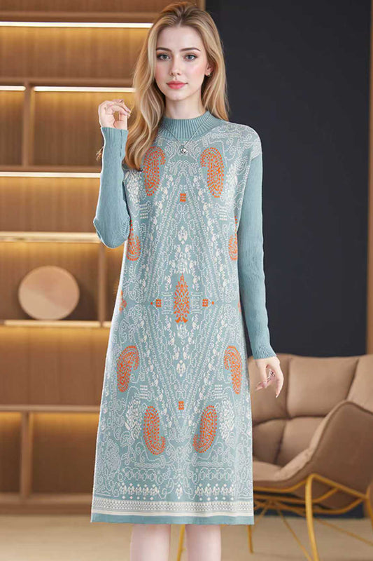 Women's Fall Long Sleeve Knitted Sweater Midi Dress