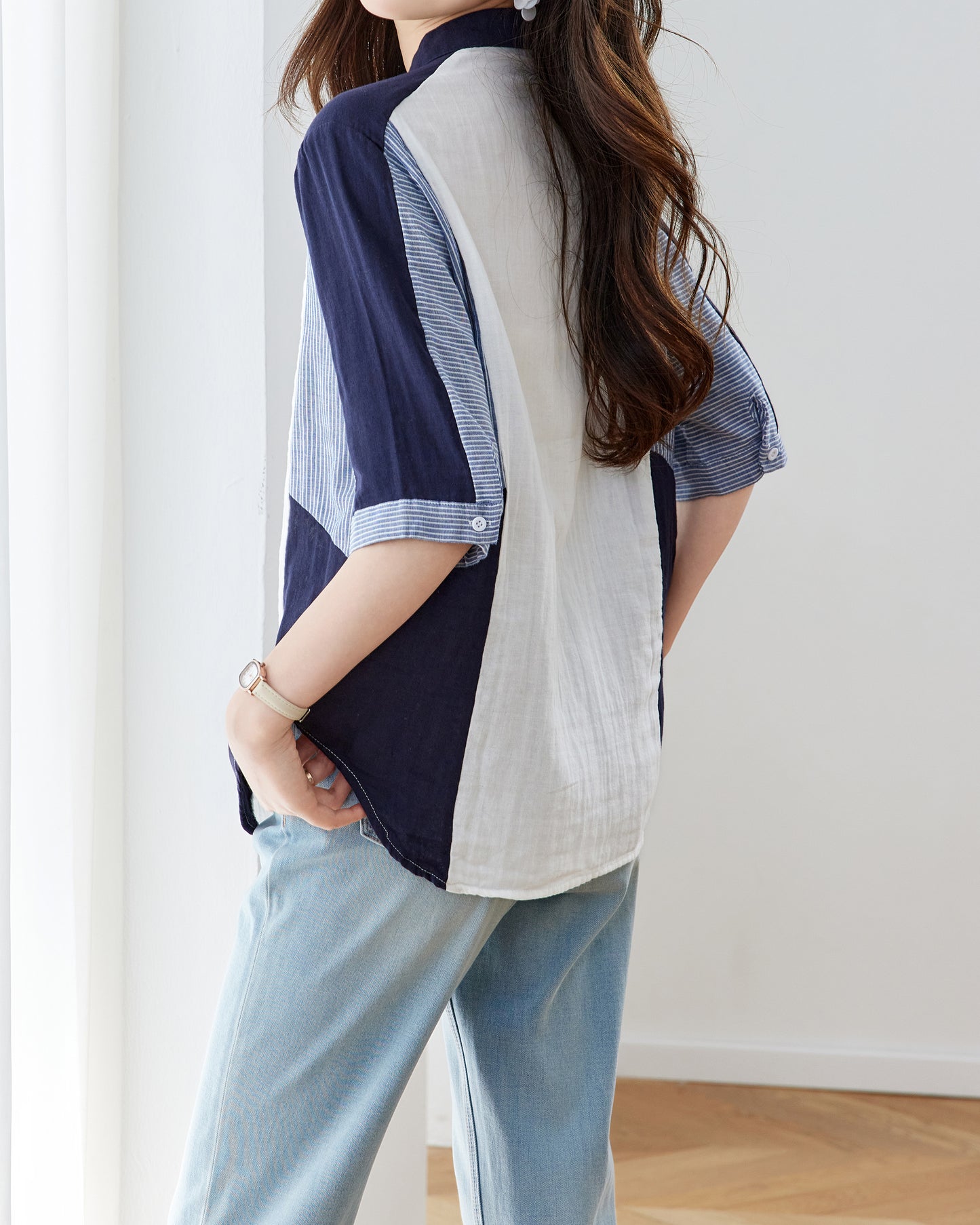 Cotton Colorblock Mandarin Collar Shirt – White & Navy