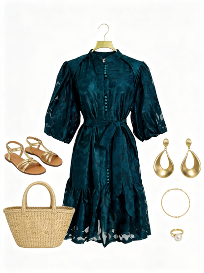 Emerald Jacquard Puff Sleeve Mini Dress
