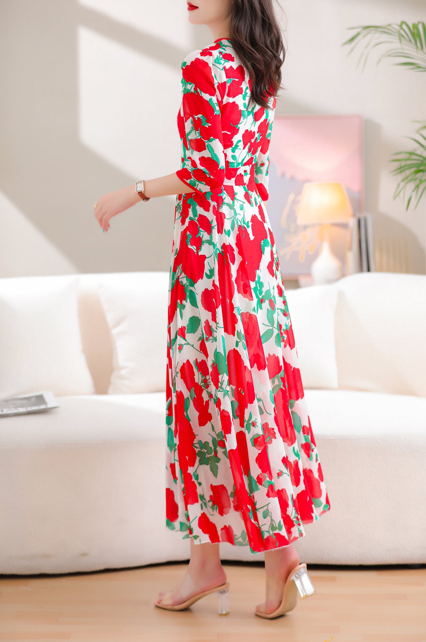 Floral Print 3/4 Sleeve Maxi Dress
