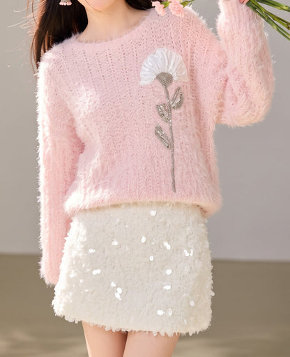 28685 Floral Embellished Cozy Knit Sweater – Soft Pink, Lavender & Butter Yellow