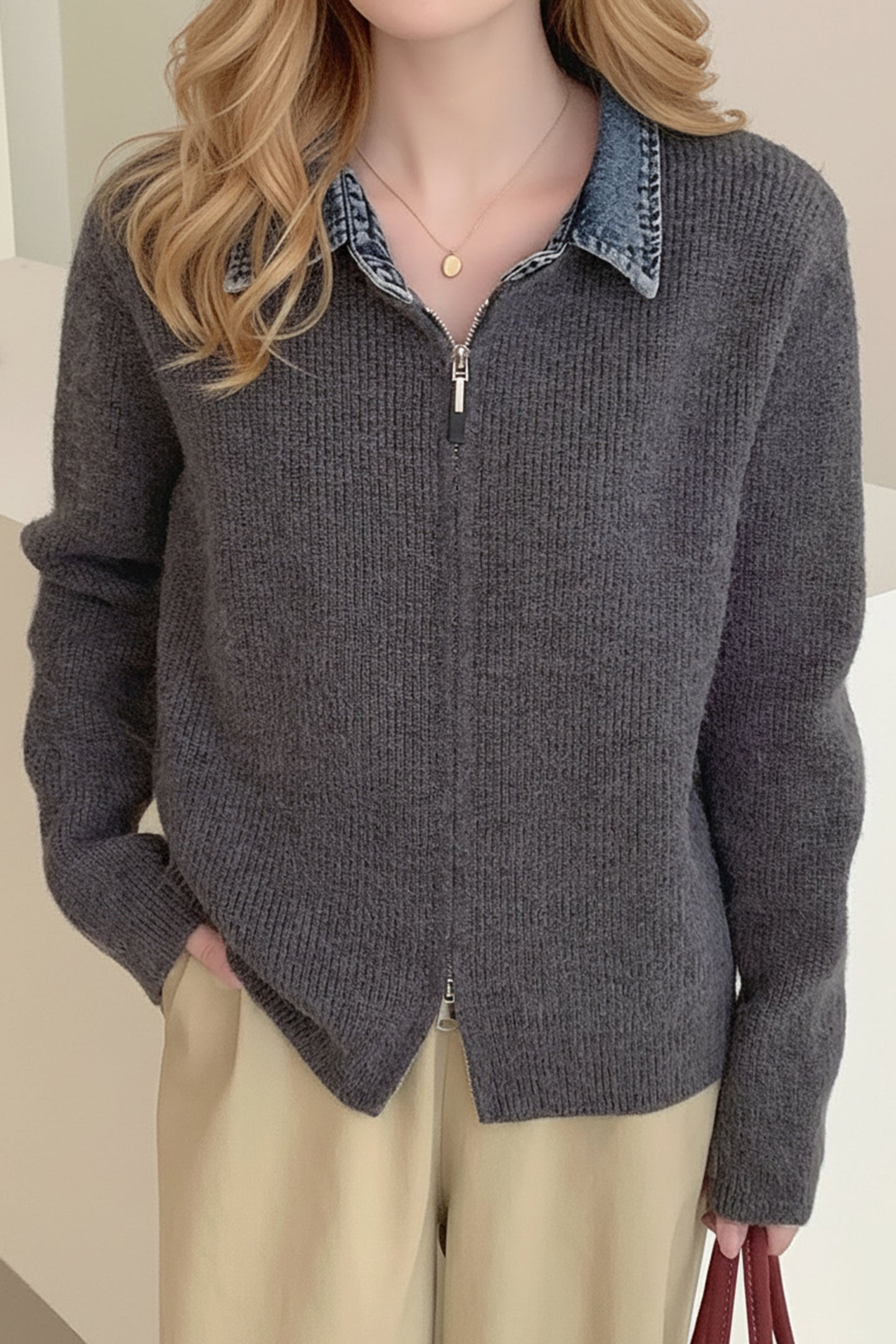 Women's Zip Up Cardigan Sweater Denim Polo Knit Tops