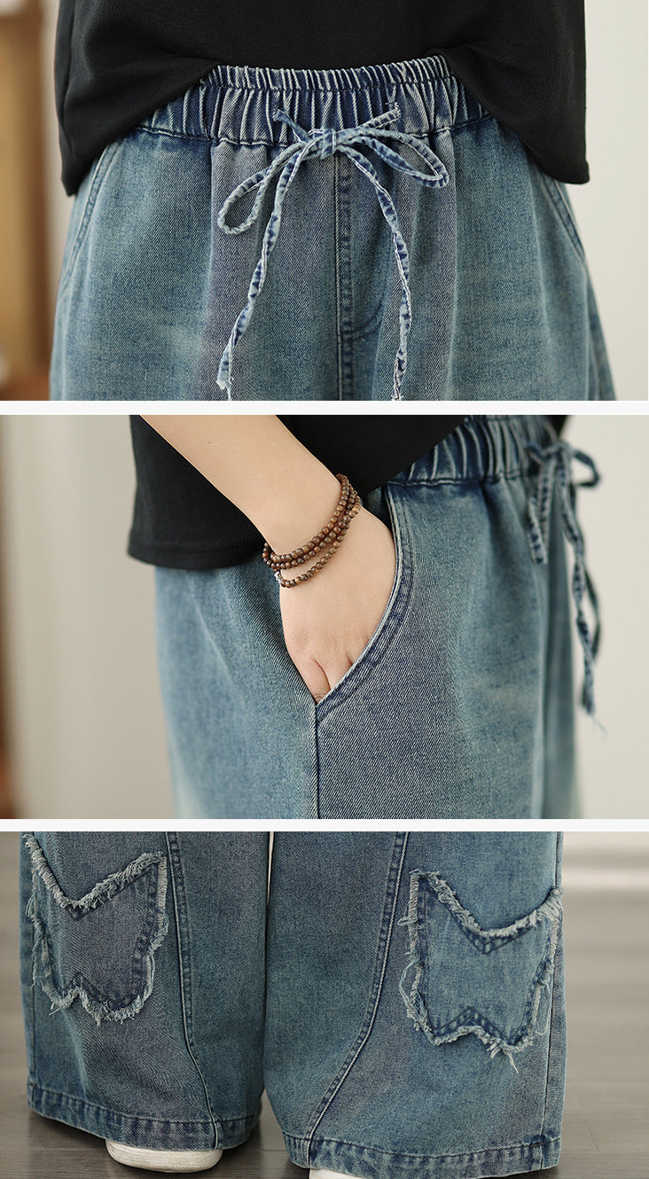 Wide-Leg Drawstring Jeans with Butterfly Fringe Detail - LAI MENG FIVE CATS