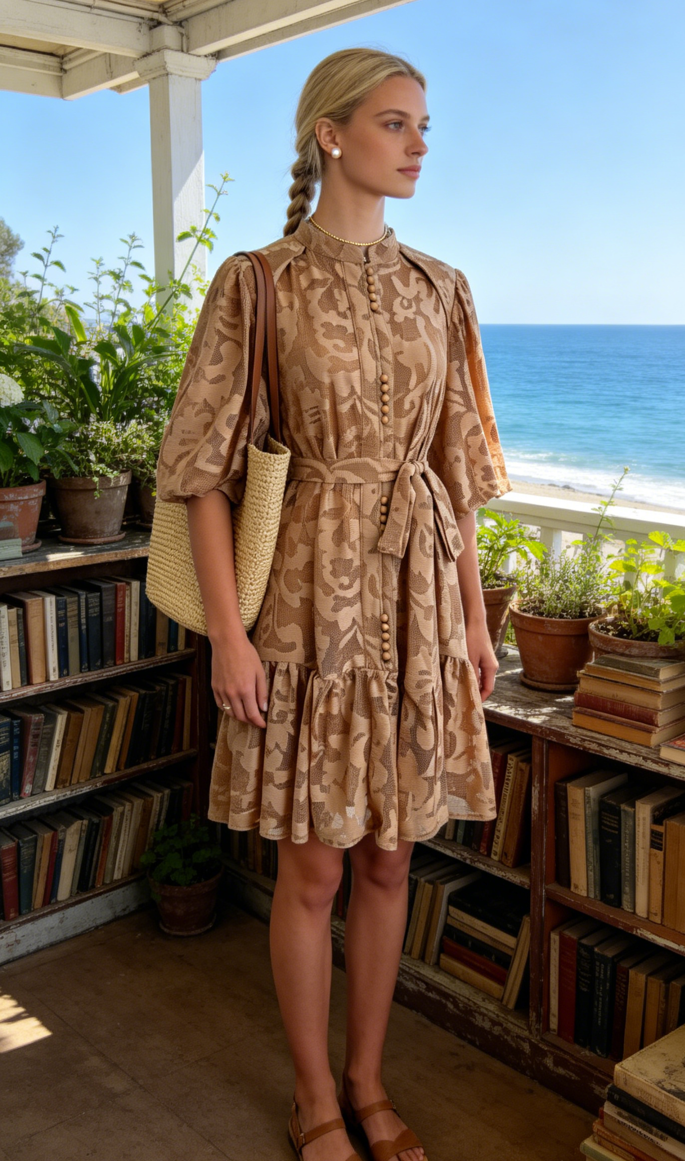 Khaki Coastal Romantic Mini Dress Loose Fit
