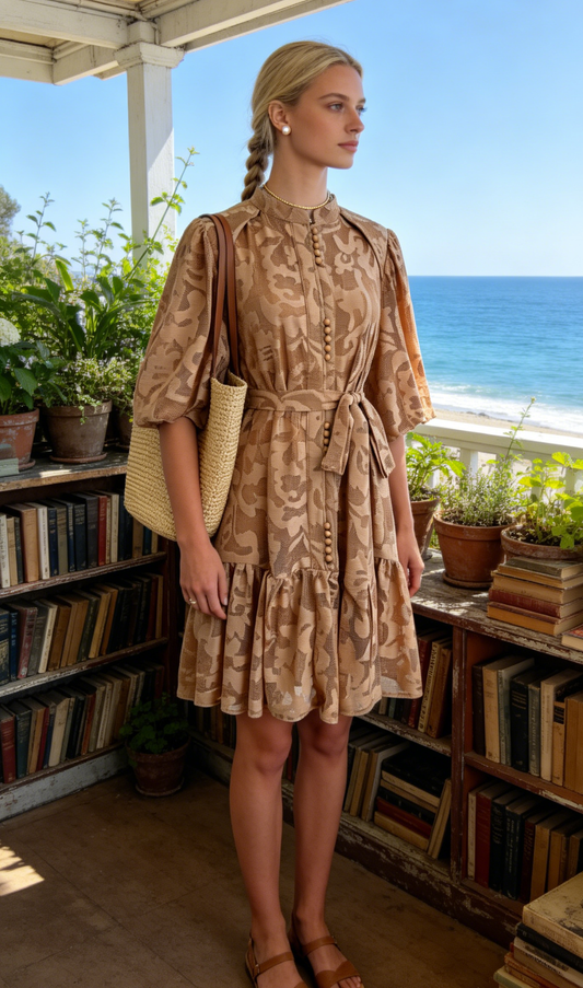 Khaki Coastal Romantic Mini Dress Loose Fit