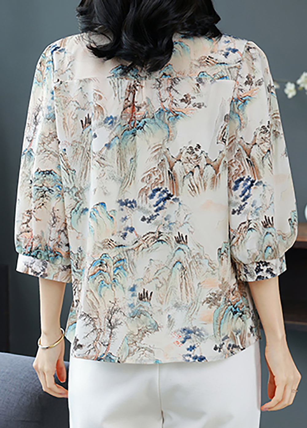 Landscape Print Mandarin Collar Blouse – Airy Luxe Summer Shirt