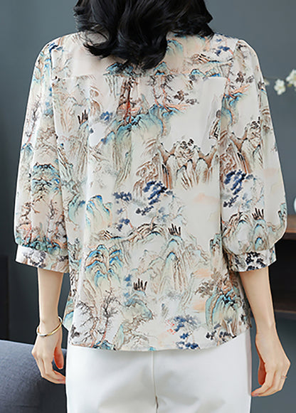 Landscape Print Mandarin Collar Blouse – Airy Luxe Summer Shirt
