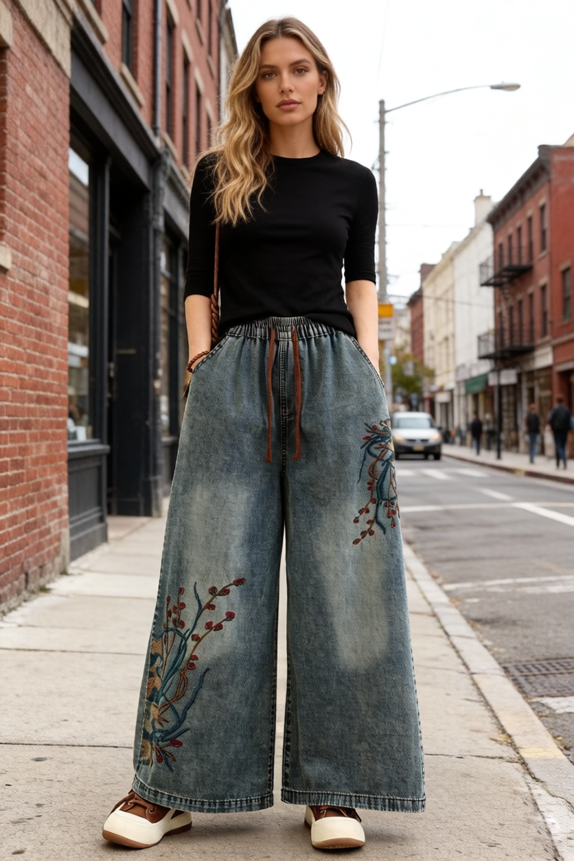 26-Women's Baggy Jeans Embroidery Wide Leg Denim - LAI MENG FIVE CATS