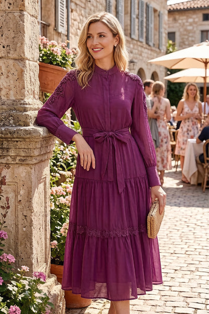 Elegant Bead Embroidery Loose Button Belted Maxi Dress - LAI MENG FIVE CATS