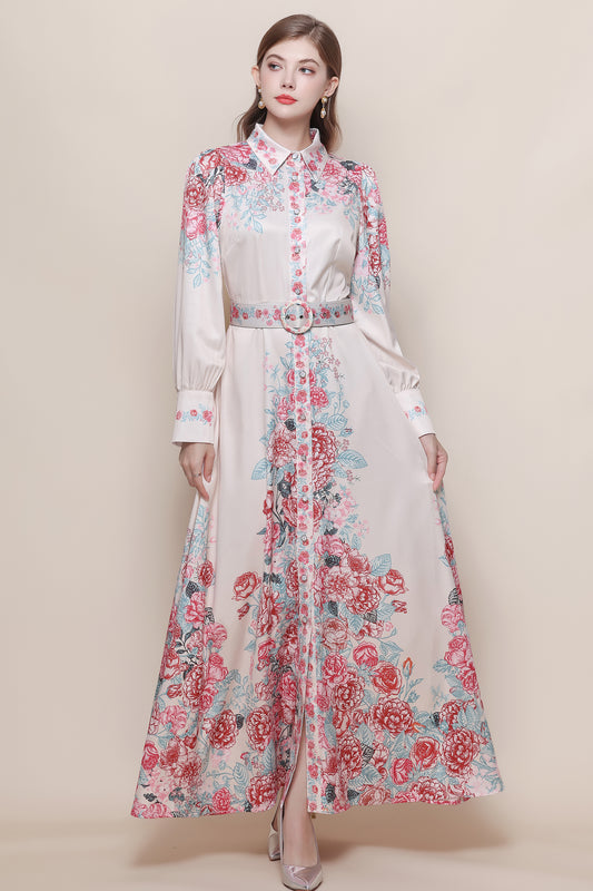26-Women's Floral Print Button Long Dress Maxi Dress