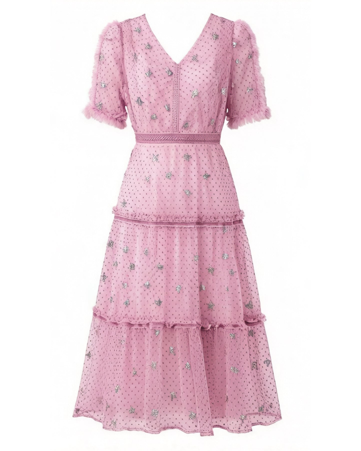 Pink Butterfly Embroidered Midi Dress – Romantic Tiered Tulle Dress