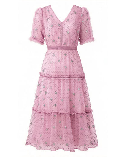 Pink Butterfly Embroidered Midi Dress – Romantic Tiered Tulle Dress