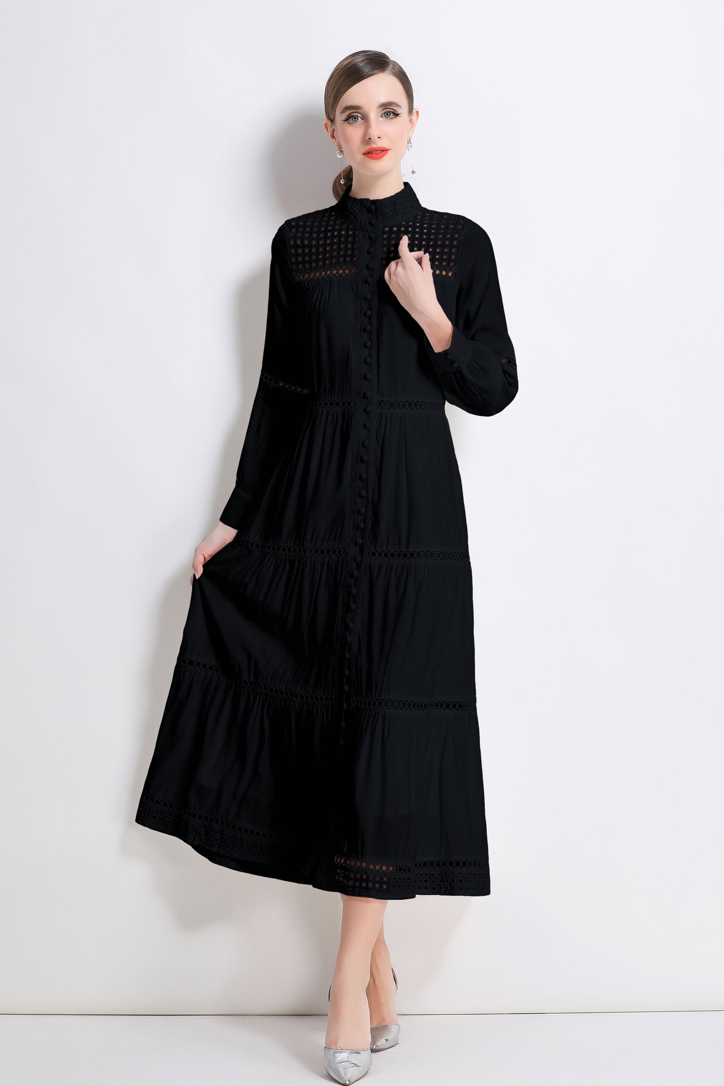 Women's Hollow Out Lace Button Long Sleeve Maxi Dress