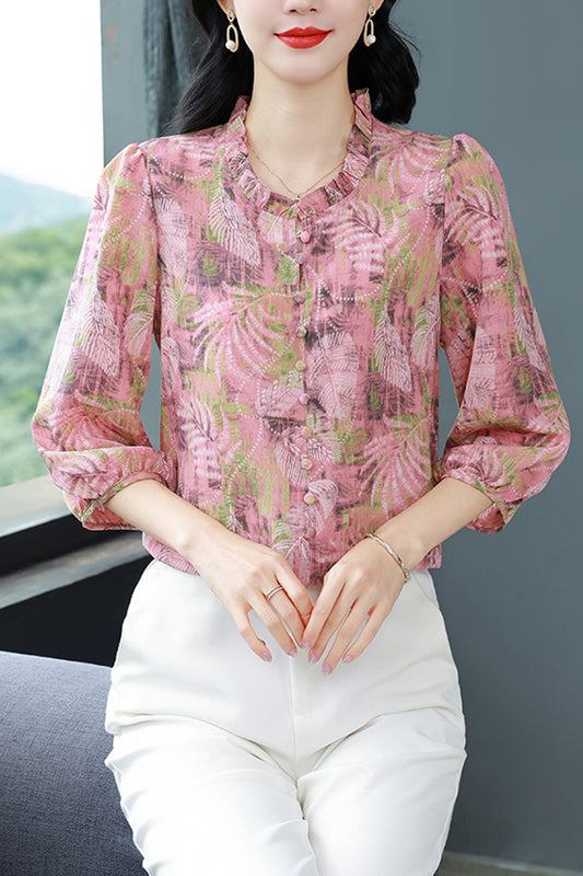 Women's Floral Print Ruffle Button Loose Blouses Top