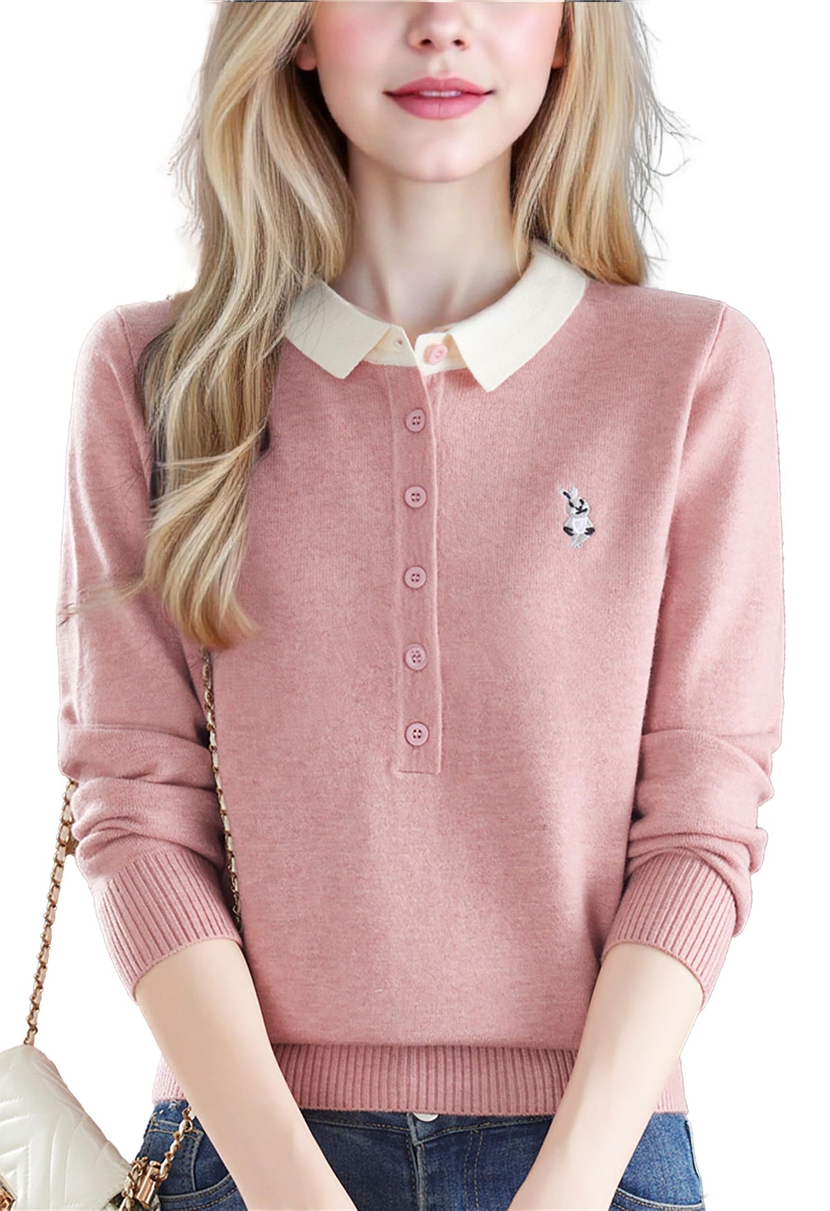 Polo Layered Knit Top with Bunny Embroidery & Contrast Collar