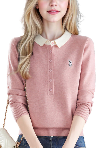 Polo Layered Knit Top with Bunny Embroidery & Contrast Collar