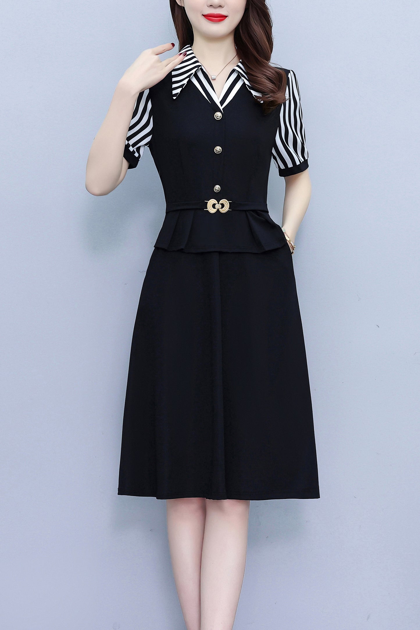 Women's Lapel V-Neck Pocket Short Sleeve Midi Dress - LAI MENG FIVE CATS