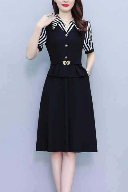 Women's Lapel V-Neck Pocket Short Sleeve Midi Dress - LAI MENG FIVE CATS
