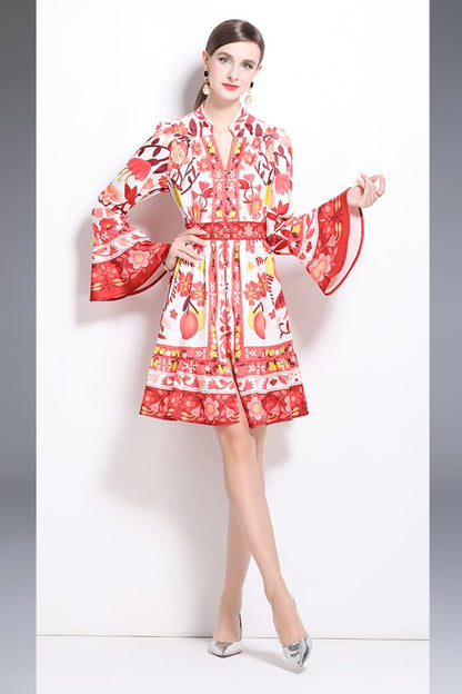 Floral Print Bell Sleeve Button Mini Dress