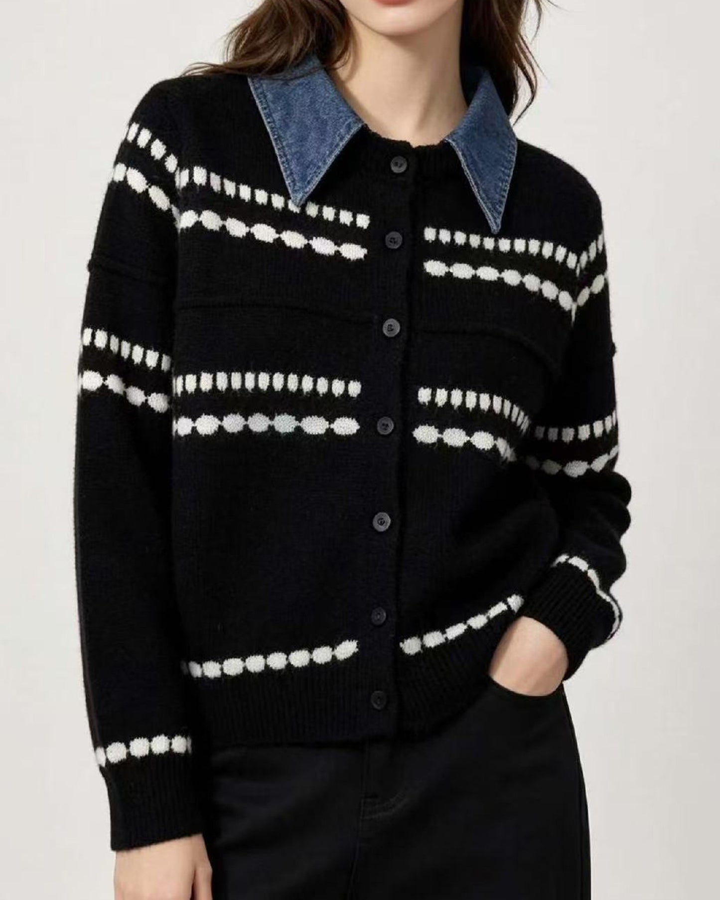 Denim Collar Striped Knit Cardigan Long Sleeve Casual Sweater