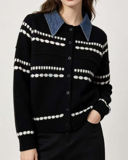 Denim Collar Striped Knit Cardigan Long Sleeve Casual Sweater