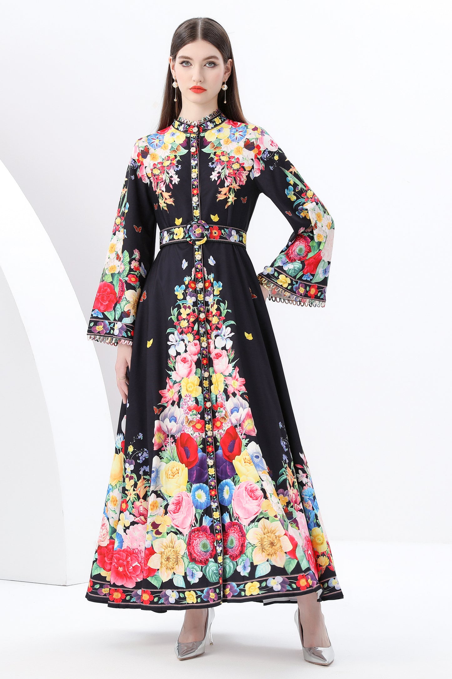 Women's Printed Button Flared Long Sleeves Maxi Dress