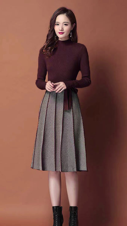 Women's Elegant Knit Long Sleeve Sweater Stripes Pullover Fall Midi Dress