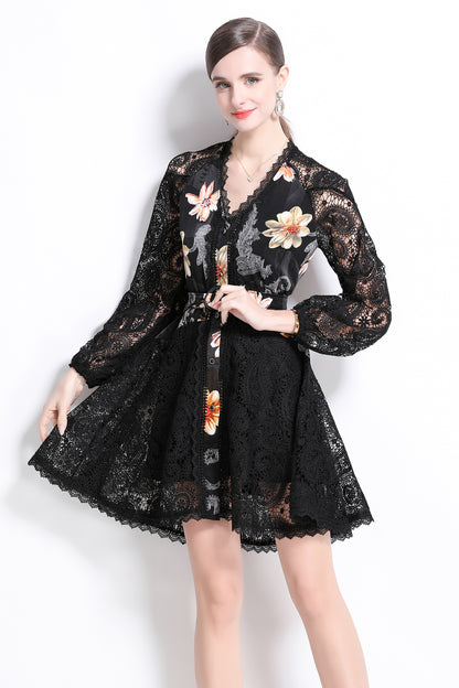 Women's V-Neck Lace Hollow Floral Print Mini Dress