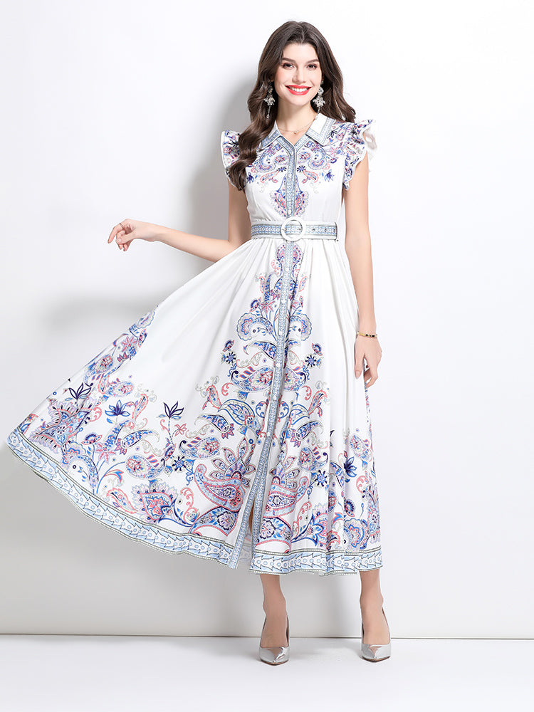 Women's Floral V Neck Sleeveless Ruffles Maxi Dresses