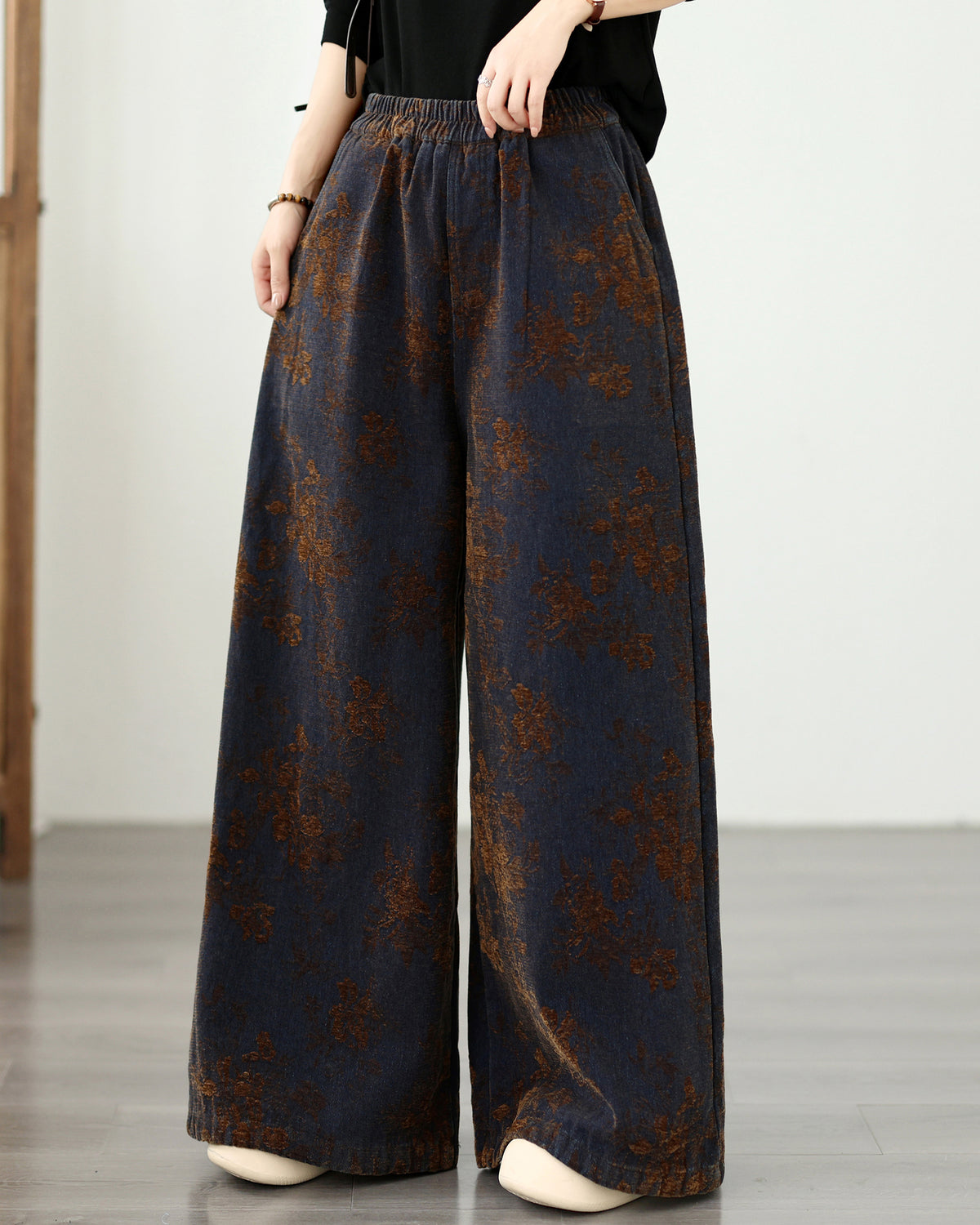 Vintage Floral Denim Wide-Leg Pants | Dark Indigo & Elastic Waist