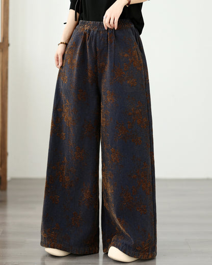 Vintage Floral Denim Wide-Leg Pants | Dark Indigo & Elastic Waist
